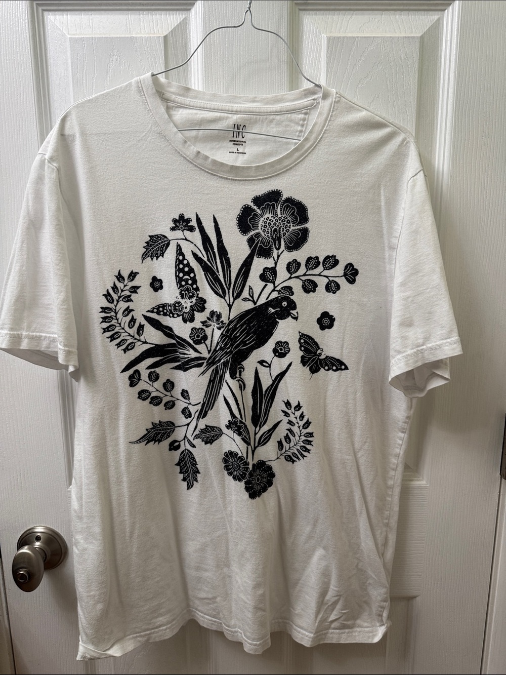 H&M White Tee with Black Parrot and Floral Motif